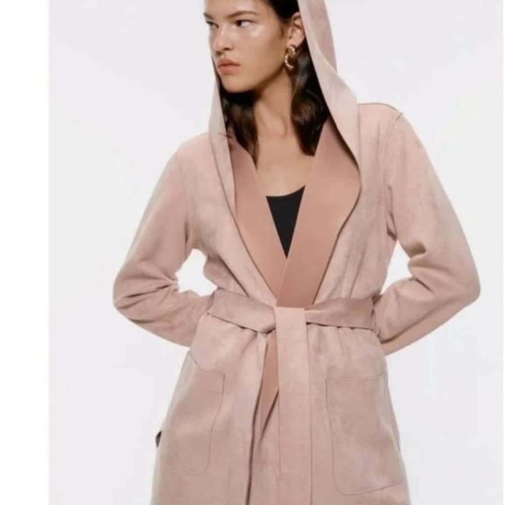 ZARA BASICS FAUX SUEDE JACKET HOODED PINK SIZE M